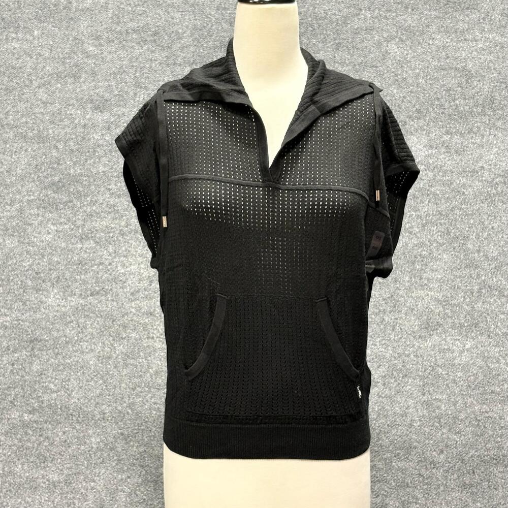 Lauren Ralph Lauren Sweater Womens XXS Black Hooded Open Knit Short Sleeve Top